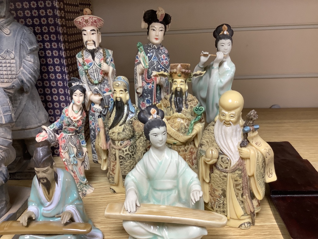 A group of Chinese mixed ceramic, resin and terracotta figures, tallest 27cm